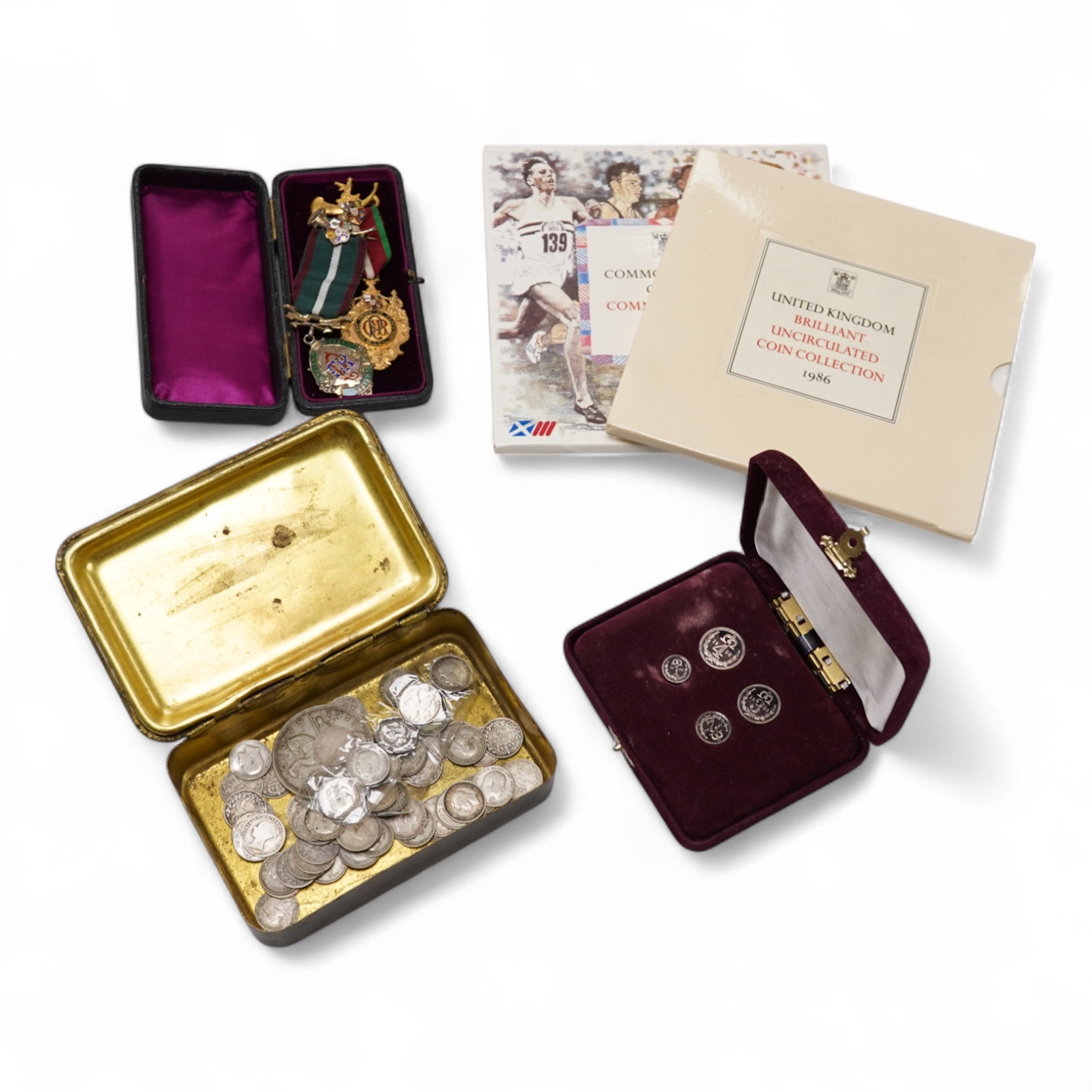 A small group of British coinage to include a 1936 Maundy set, together with two Foresters medals, one silver